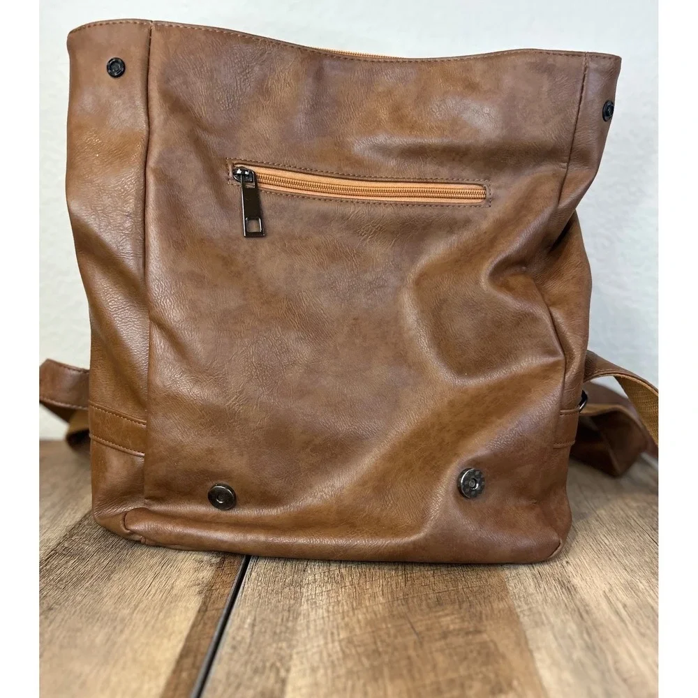 LXY Brown Faux Leather Flap Buckle Backpack Casual Everyday Travel School